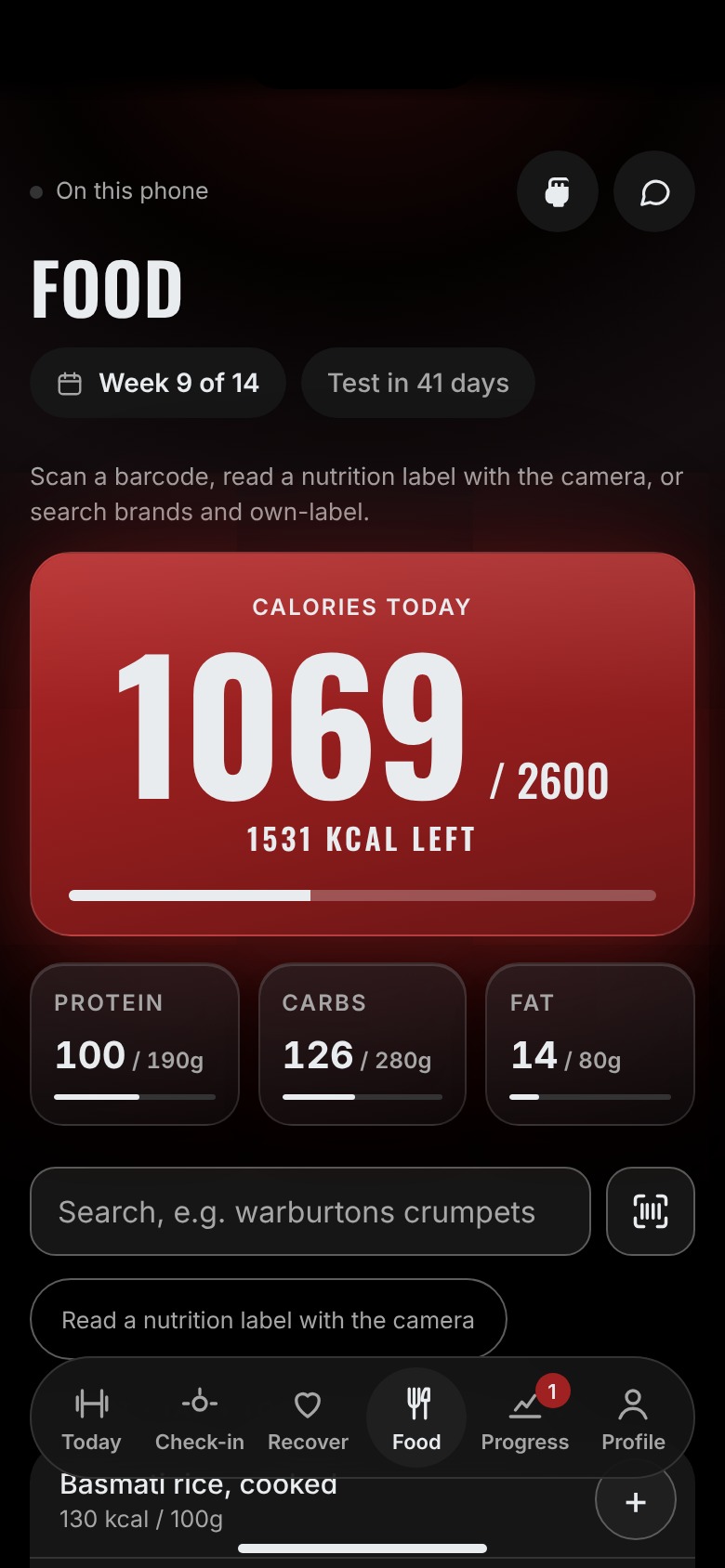 Food screen: calories left today, with protein, carbs and fat against target