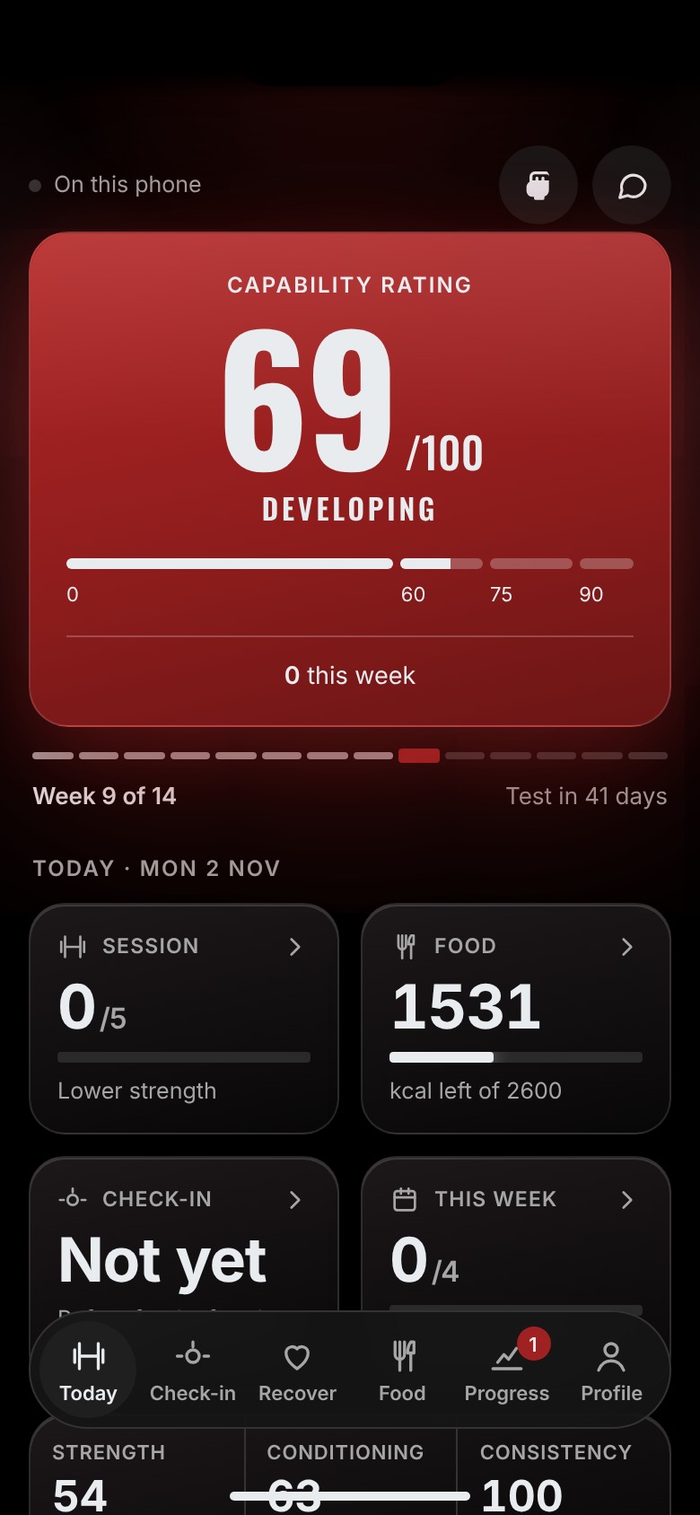 The app&rsquo;s home screen: capability rating 69 out of 100, today&rsquo;s session, food and check-in