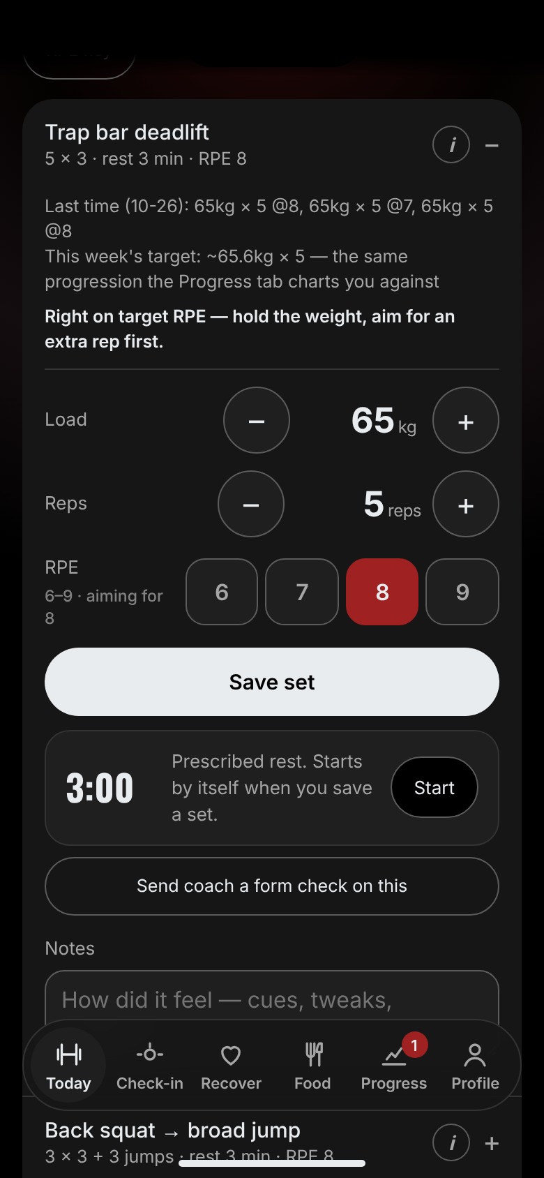 Logging a set: load, reps and RPE