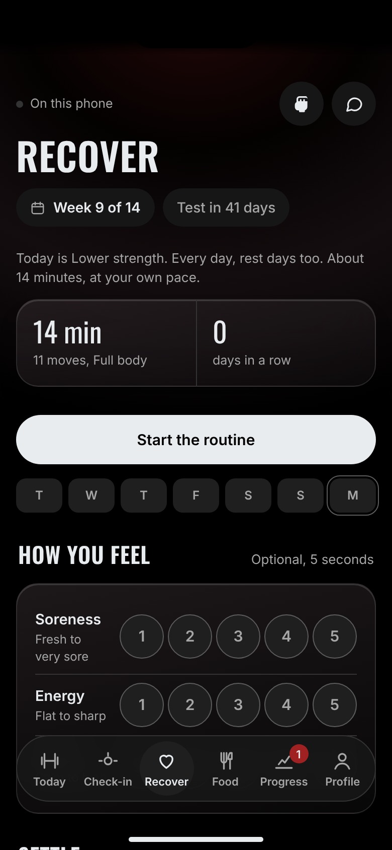 The Recover screen: a 14-minute routine for a lower strength day
