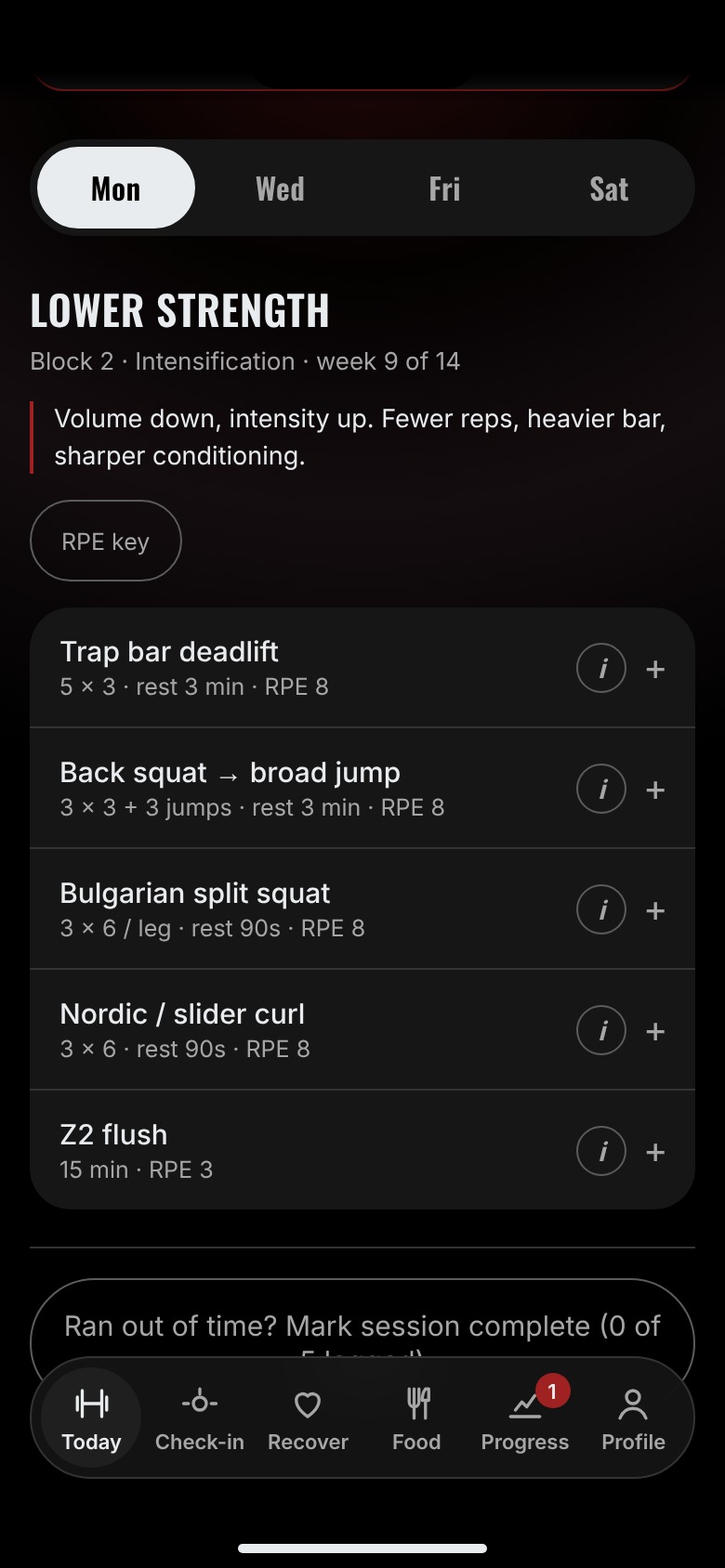 Today&rsquo;s session in the app: lower strength, block two