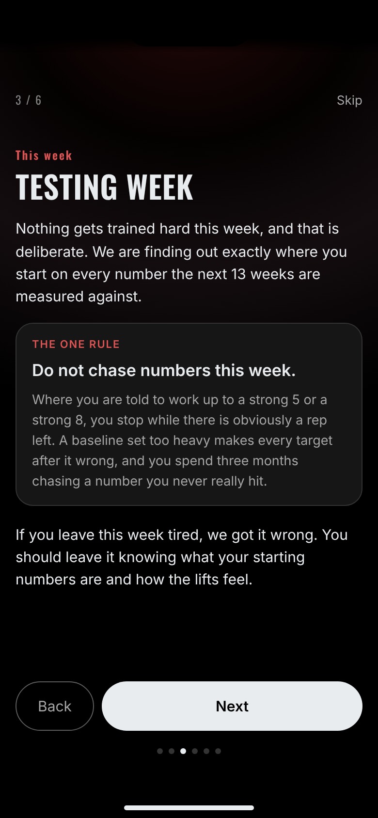 The app&rsquo;s testing week page: what the week is for, and its one rule